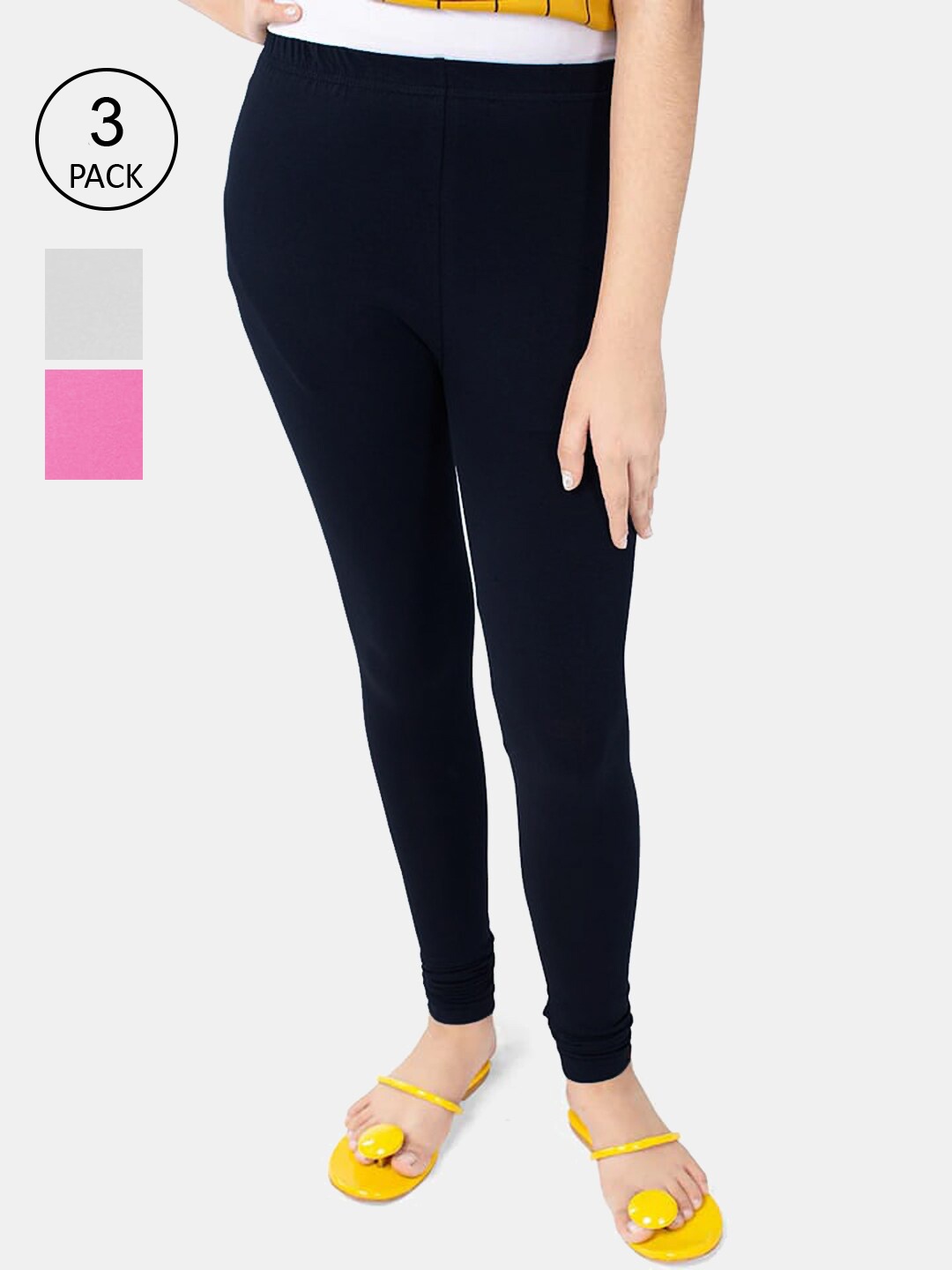 

FRENCH KLEIDER Girls Pack of 3 Solid Cotton Churidar Length Leggings, Pink