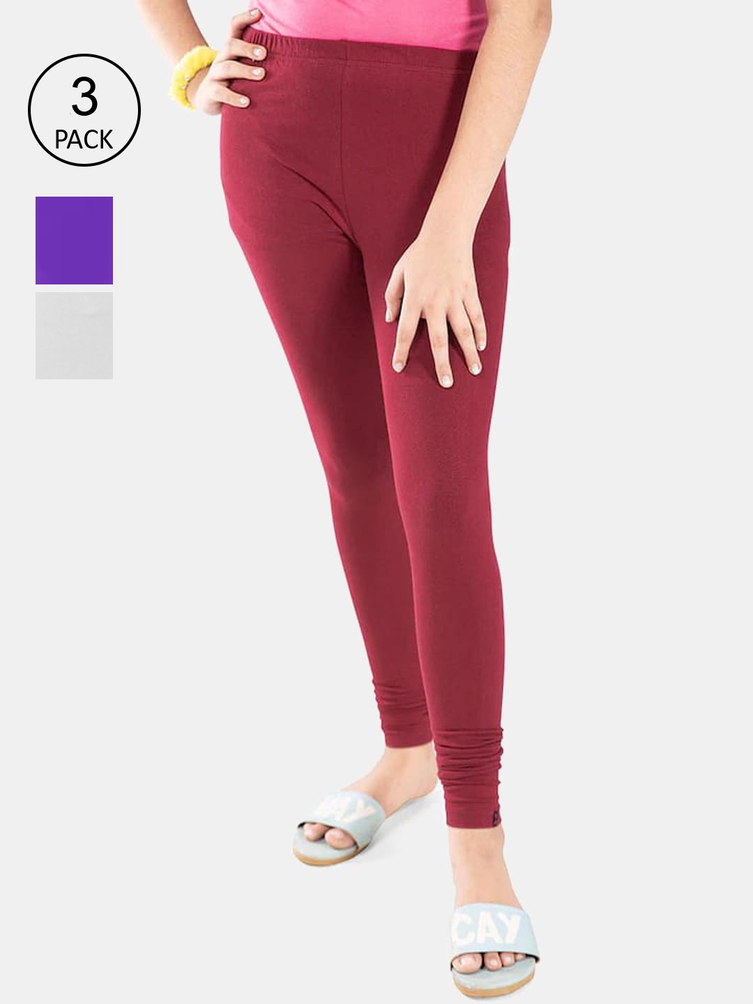 

FRENCH KLEIDER Girls Pack Of 3 Solid Pure Cotton Churidar Leggings, Purple