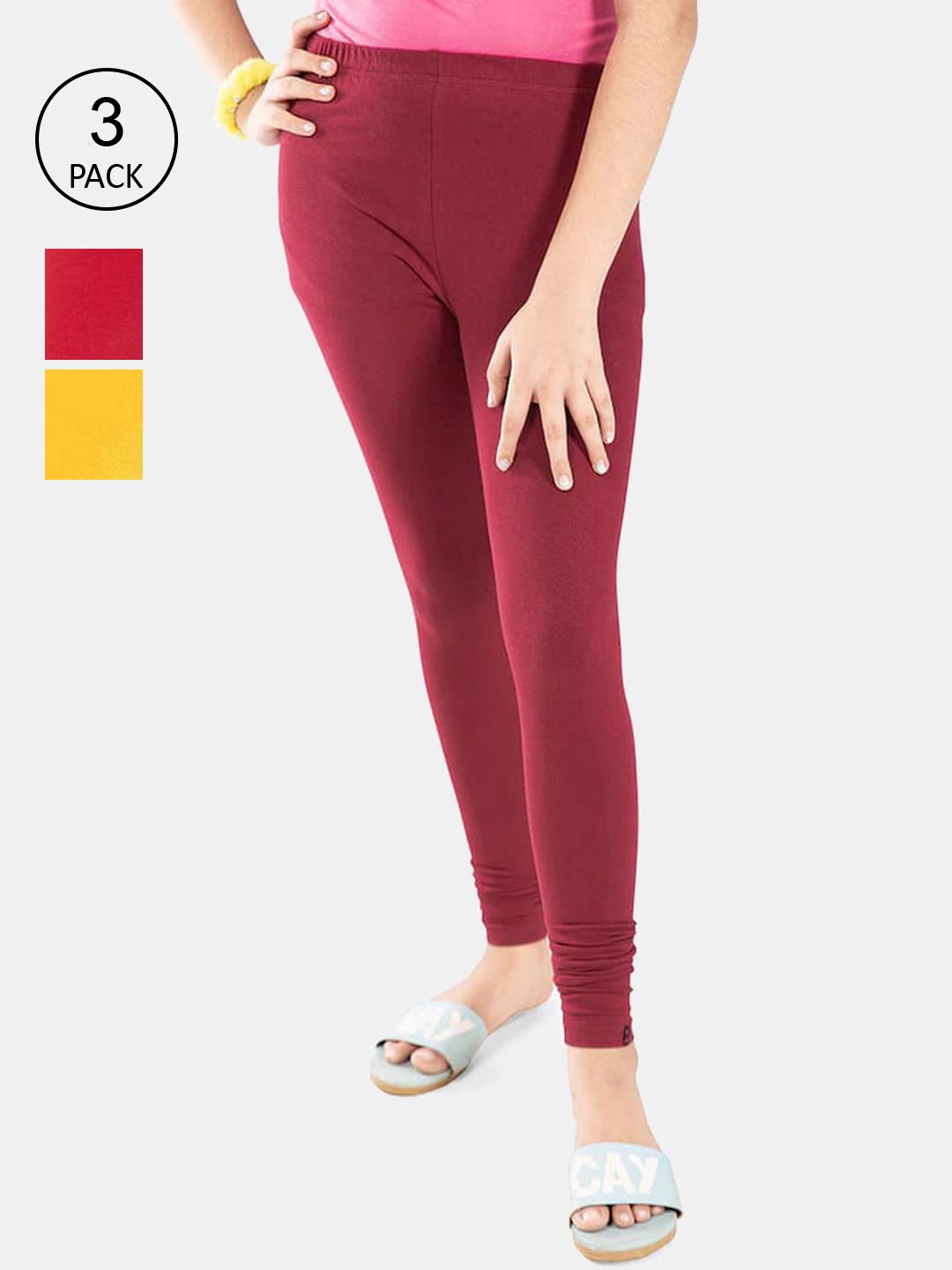 FRENCH KLEIDER Girls Pack Of 3 Solid Cotton Churidar-Length Leggings, Red