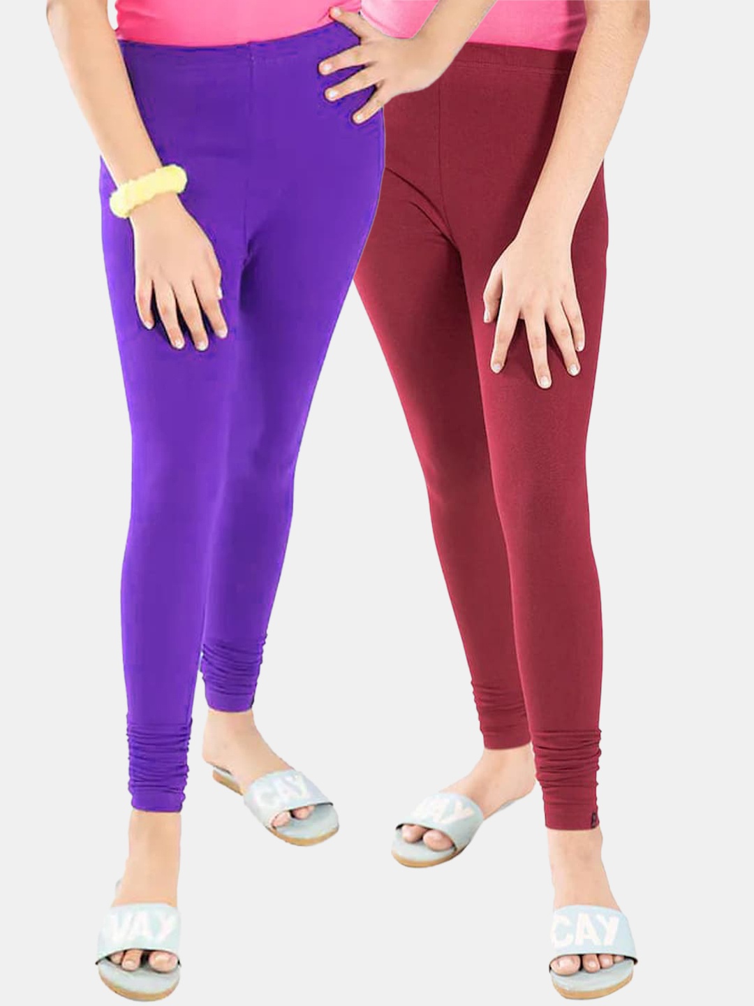 

FRENCH KLEIDER Girls Pack Of 2 Solid Churidar-Length Cotton Leggings, Purple