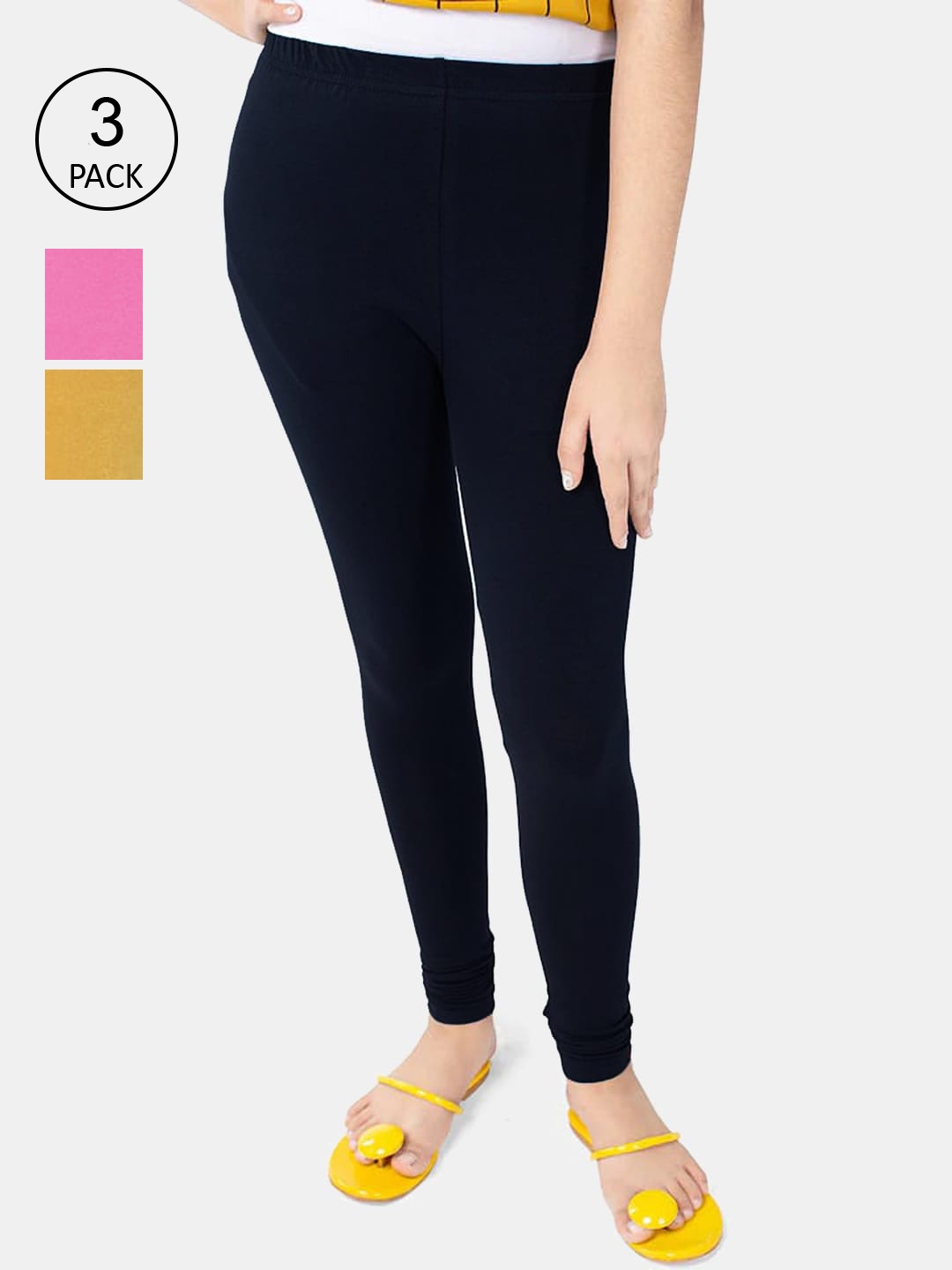 

FRENCH KLEIDER Girls Pack Of 3 Solid Churidar-Length Leggings, Pink