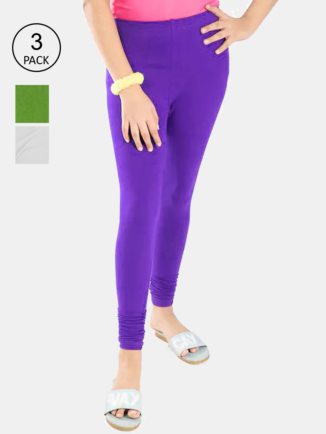 

FRENCH KLEIDER Girls Pack Of 3 Solid Pure Cotton Churidar Leggings, Purple
