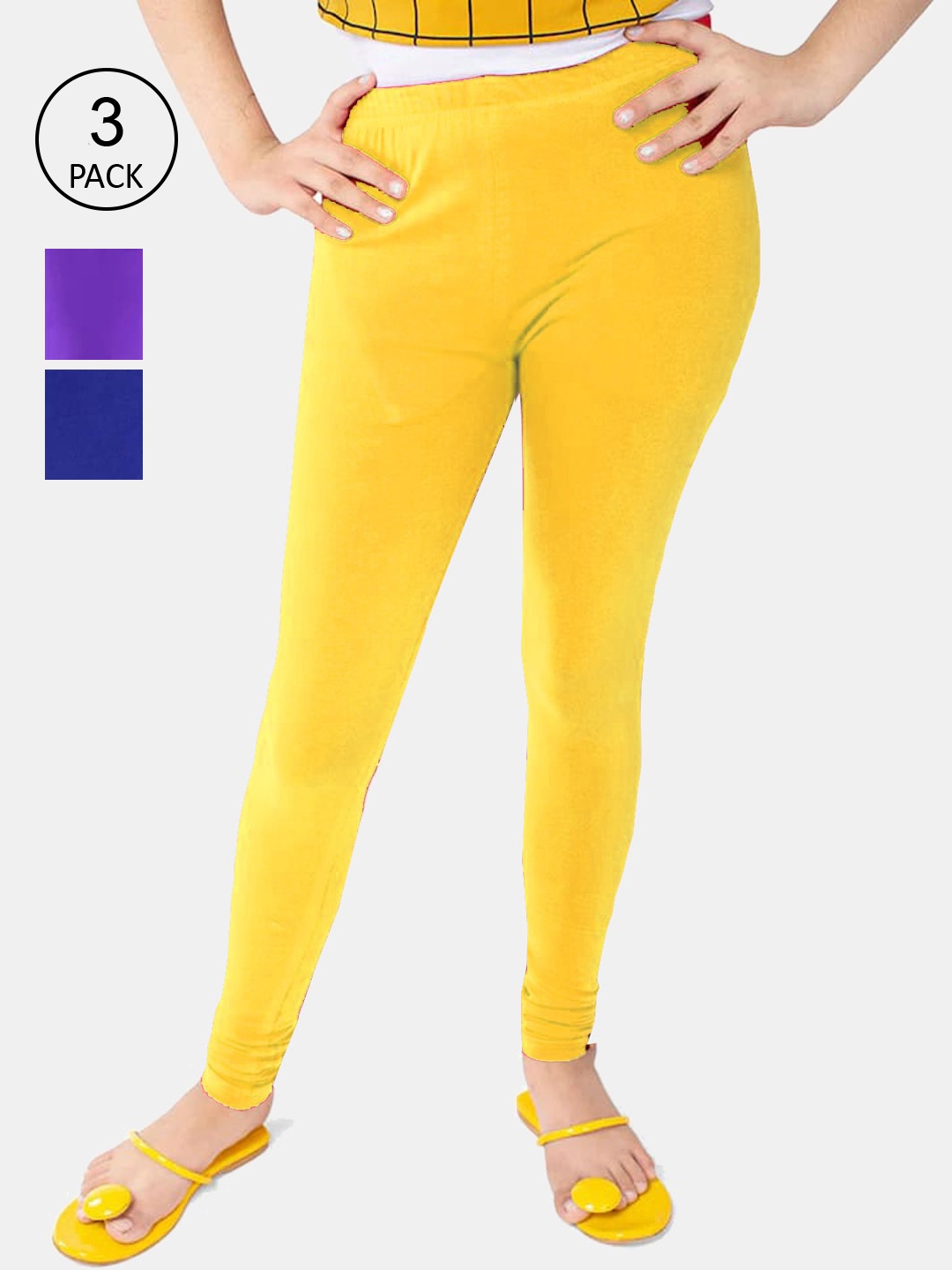 

FRENCH KLEIDER Girls Pack Of 3 Solid Cotton Churidar Length Leggings, Yellow