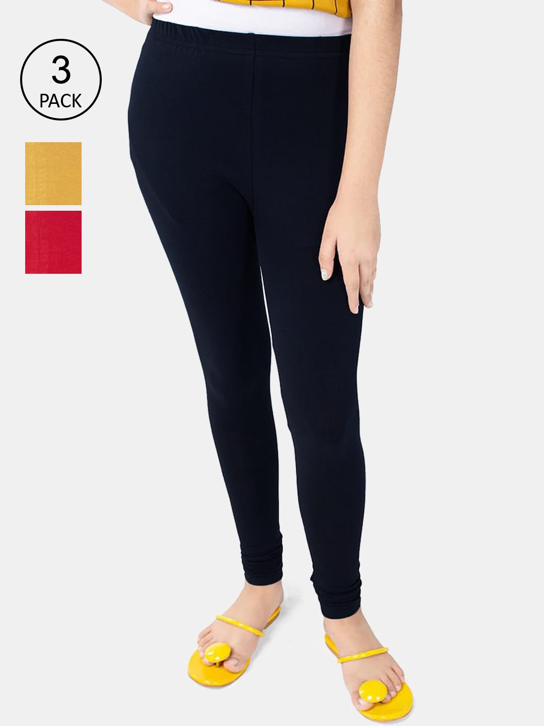 

FRENCH KLEIDER Girls Pack Of 3 Solid Cotton Churidar Length Leggings, Black