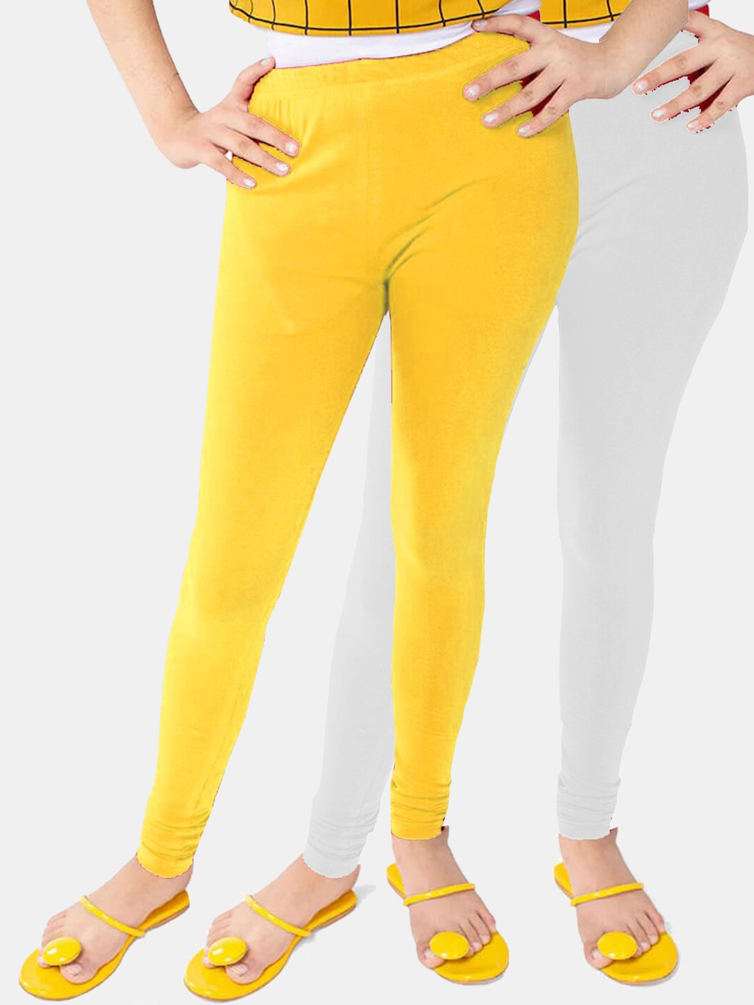 FRENCH KLEIDER Girls Pack Of 2 Solid Churidar-Length Leggings, Yellow