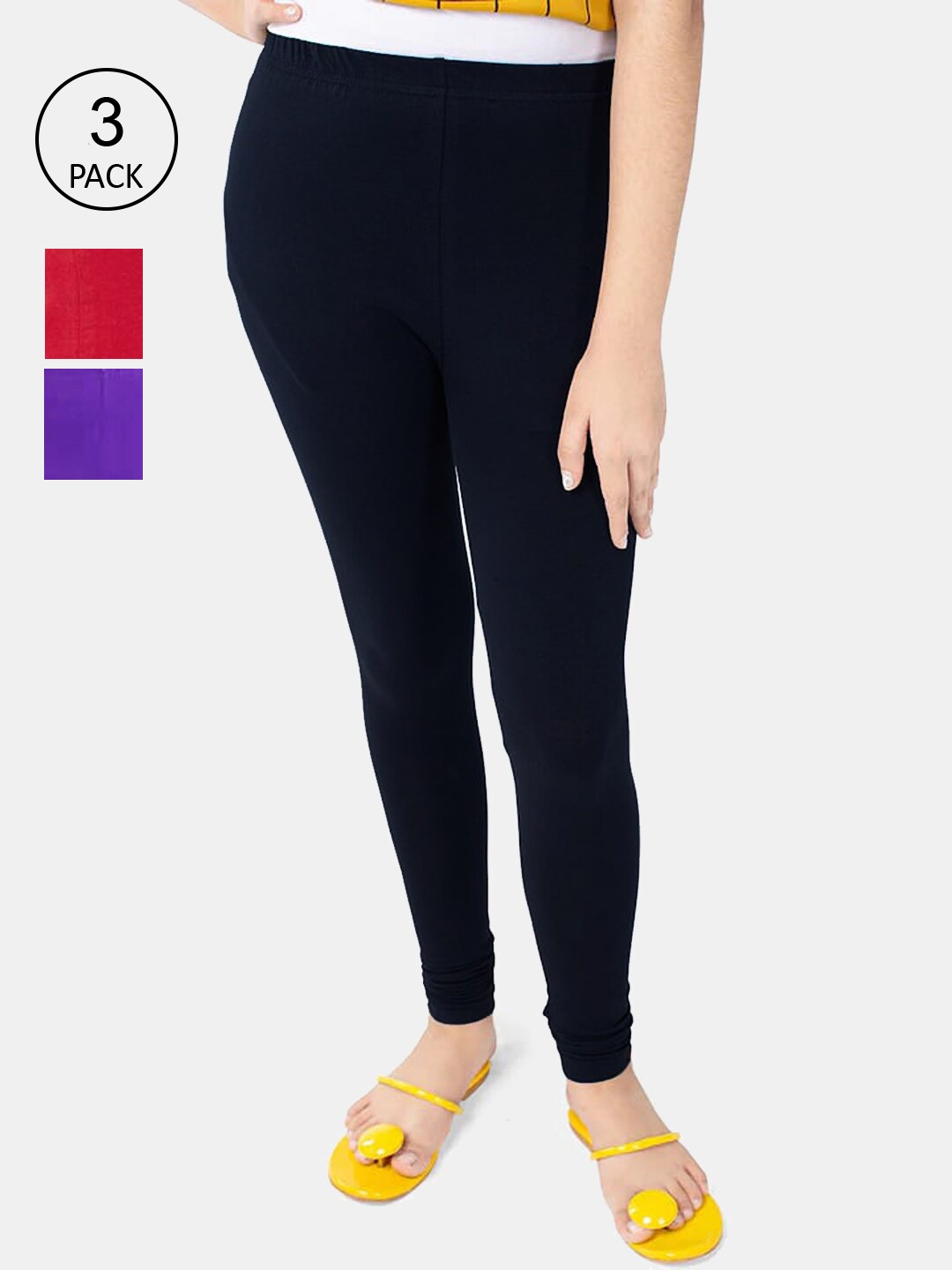 

FRENCH KLEIDER Girls Pack Of 3 Solid Cotton Churidar Length Leggings, Navy blue