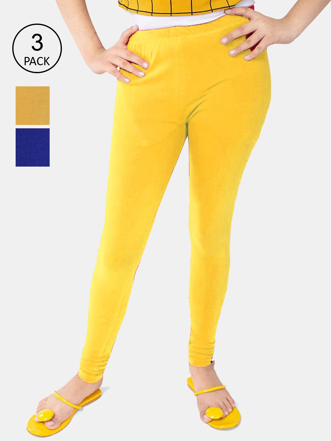 

FRENCH KLEIDER Girls Pack of 3 Solid Cotton Churidar-Length Leggings, Yellow