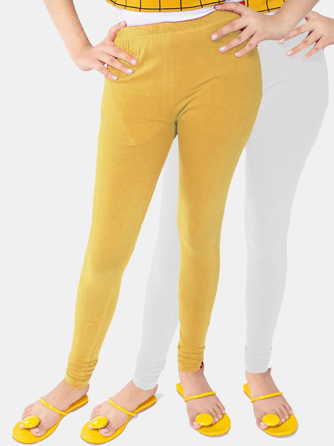 

FRENCH KLEIDER Girls Pack Of 2 White & Yellow Solid Pure Cotton Churidar Leggings
