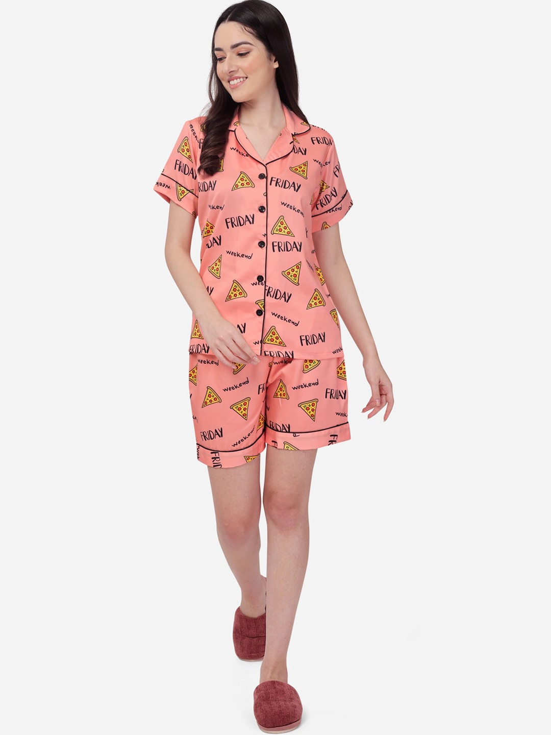 

Fbella Women Peach & Yellow Typography Printed Satin Night suit
