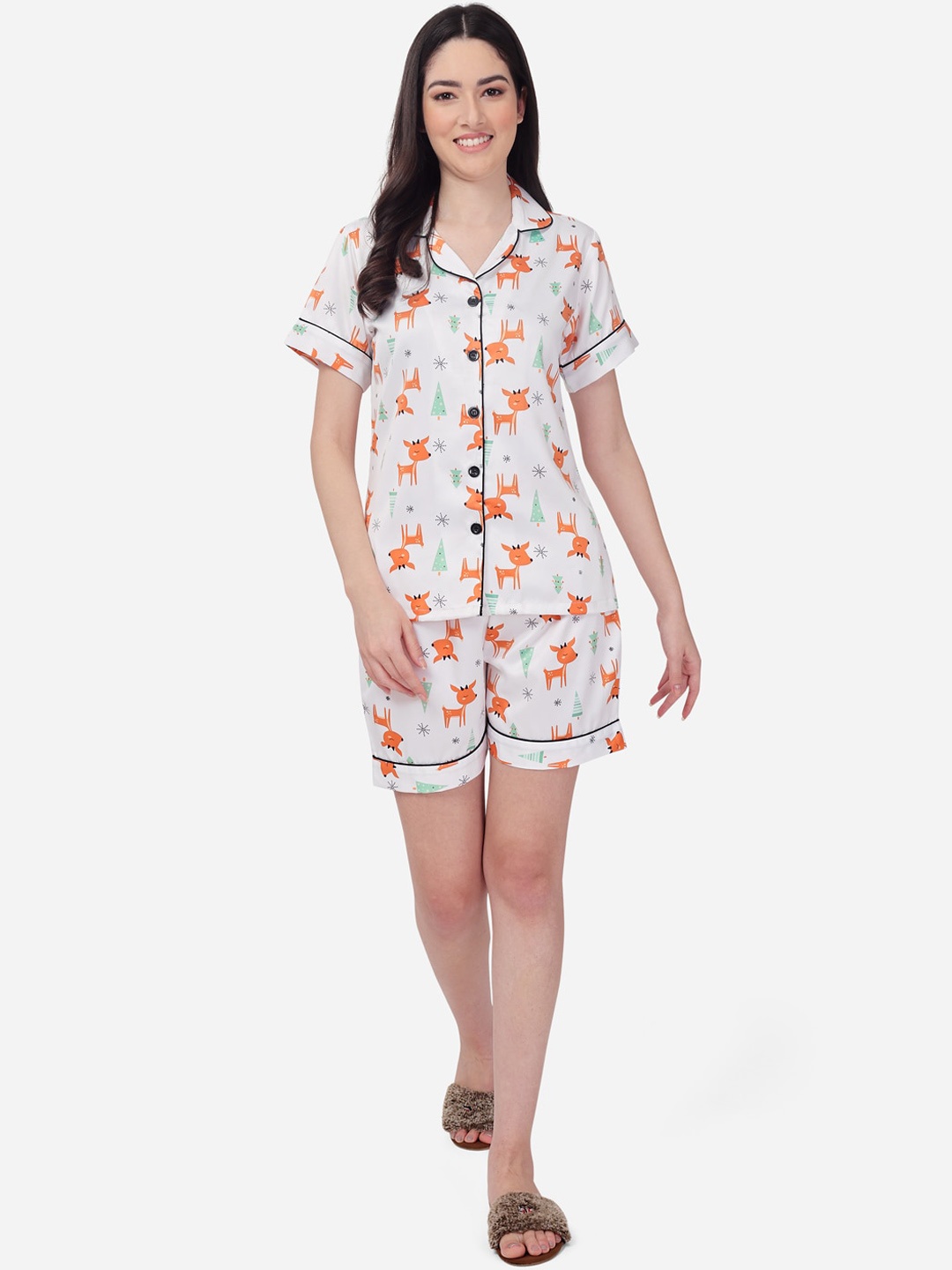 

Fbella Women White & Orange Printed Night suit