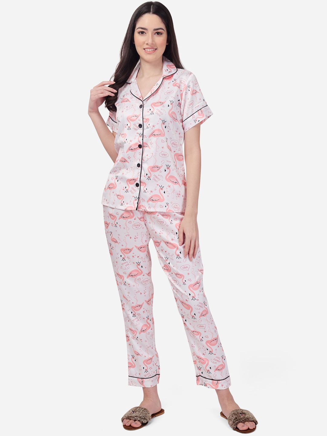 

Fbella Women White & Peach-Coloured Printed Night suit