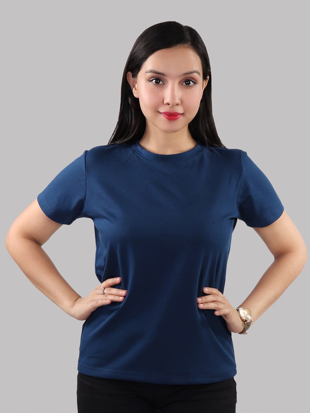 The Label Bar Women Navy Blue Cotton T-shirt