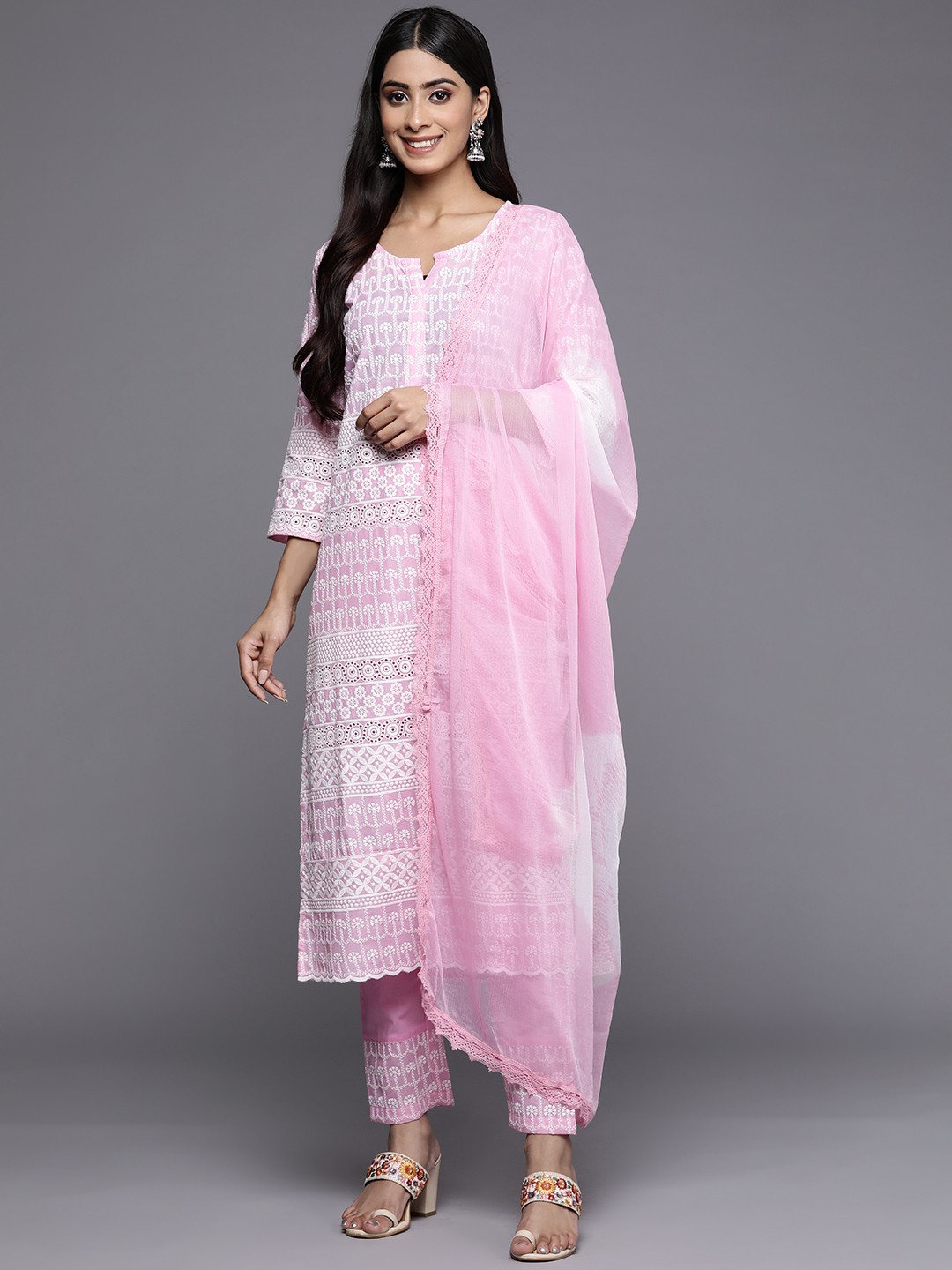 

Indo Era Women Pink Floral Embroidered Thread Work Pure Cotton Kurta with Trousers & With Dupatta