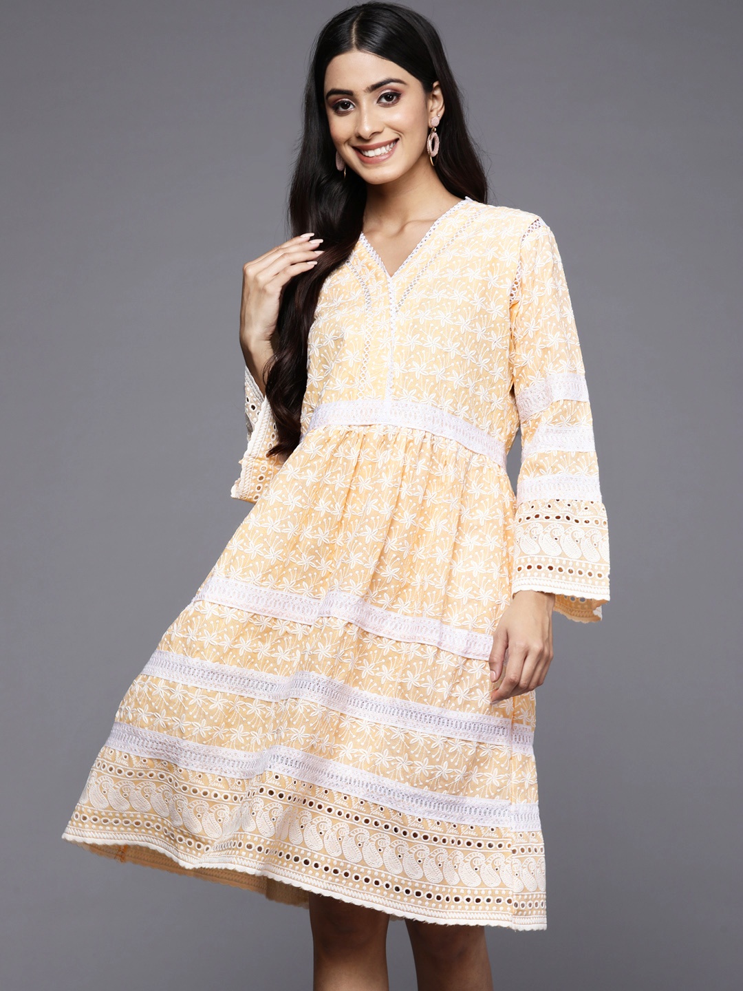 

Indo Era Yellow Floral Embroidered Ethnic A-Line Dress