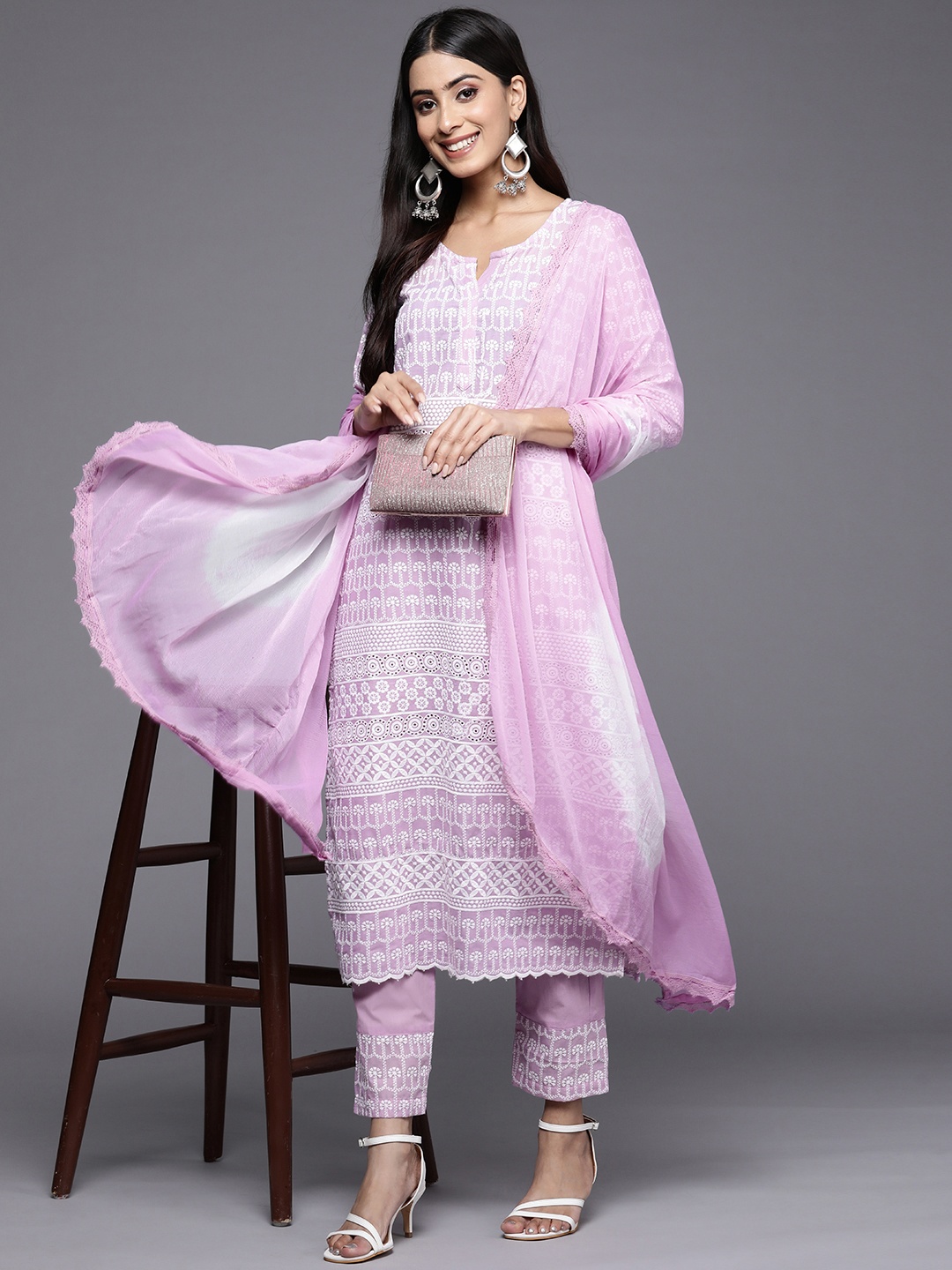 

Indo Era Women Lavender Embroidered Pure Cotton Kurta with Trousers & Dupatta
