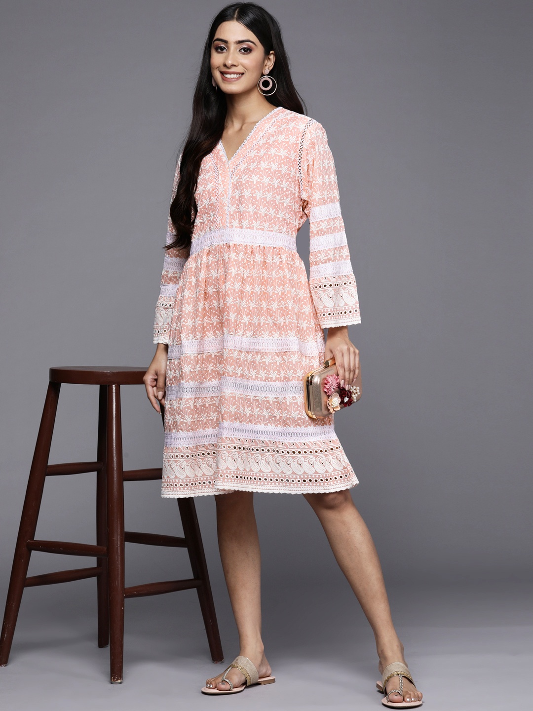 

Indo Era Peach-Coloured & White Floral Embroidered Ethnic A-Line Dress