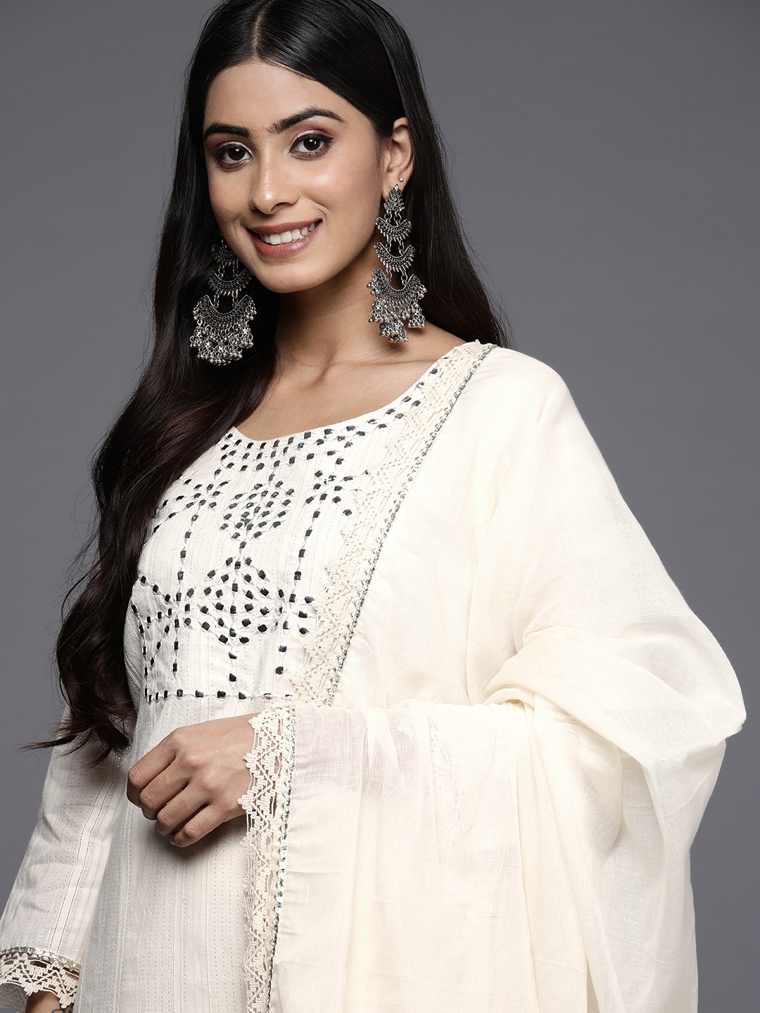 

Indo Era Women Off White Floral Embroidered Mirror Work Pure Cotton Kurta with Trousers & With Dupatta