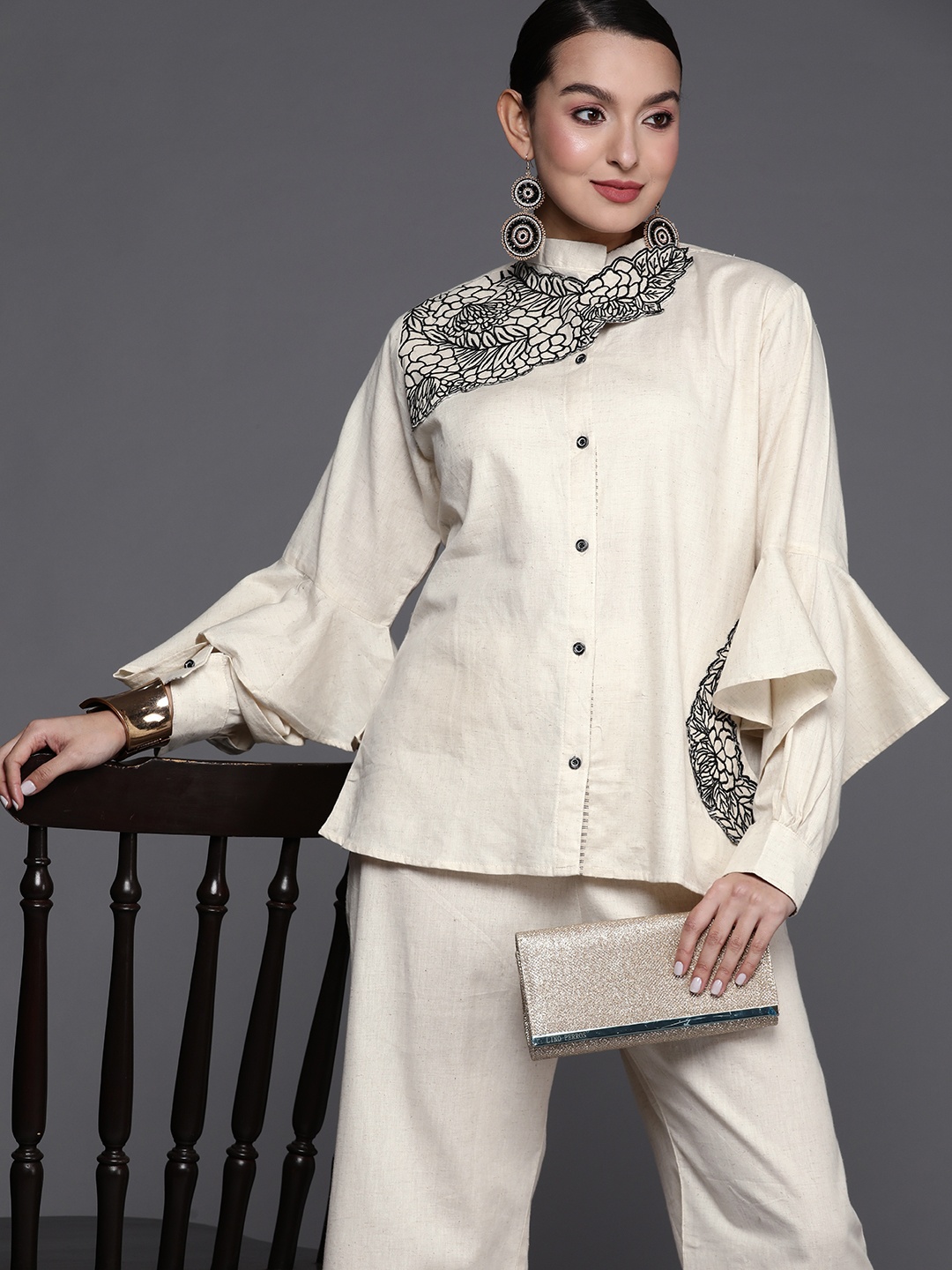 

Indo Era Women Floral Embroidered Thread Work Pure Cotton Top With Palazzos, Off white