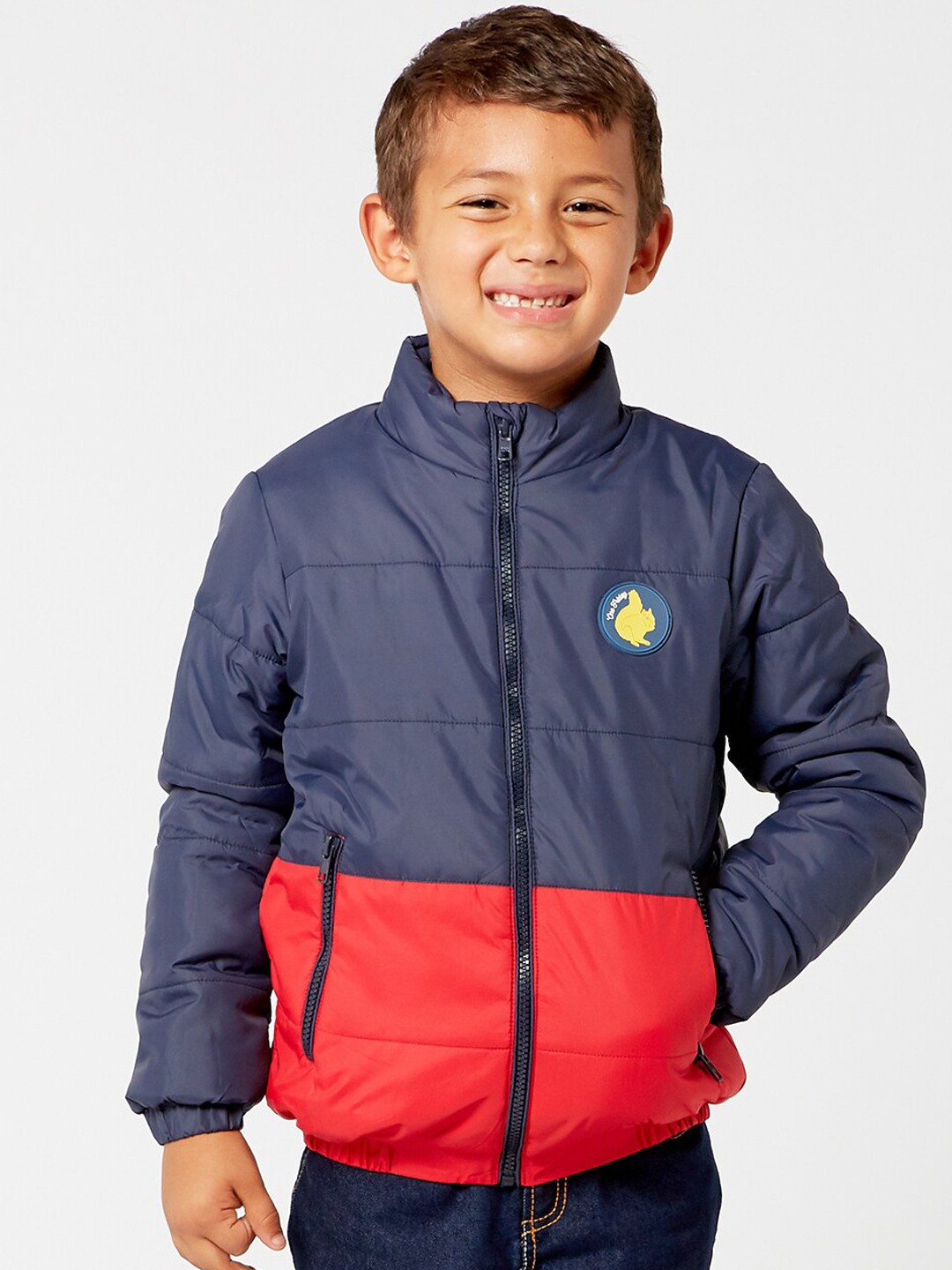 

One Friday Boys Navy Blue Red Colourblocked Lightweight Padded Jacket