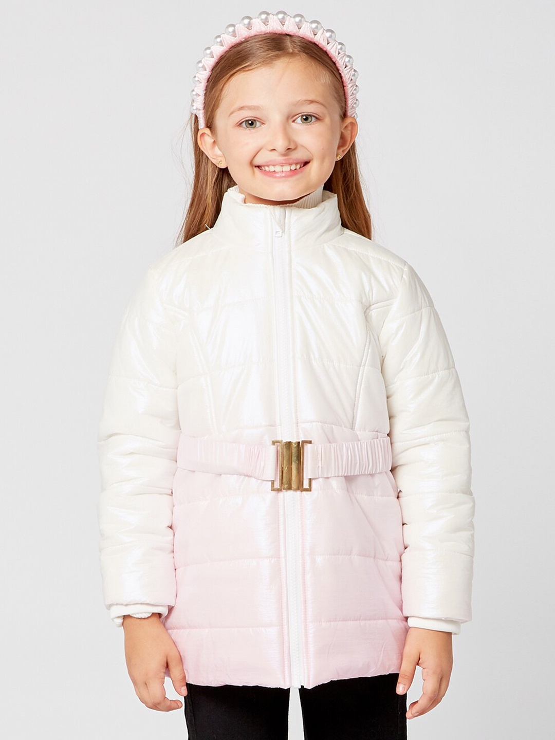 

One Friday Girls Pink Off White Colourblocked Lightweight Longline Puffer Jacket