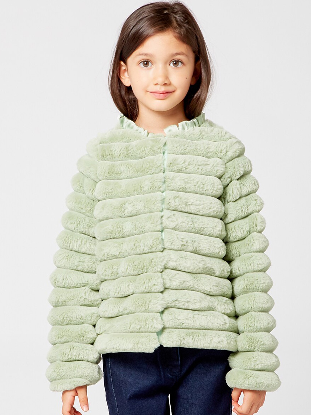 

One Friday Girls Green Self Design Lightweight Open Front Jacket