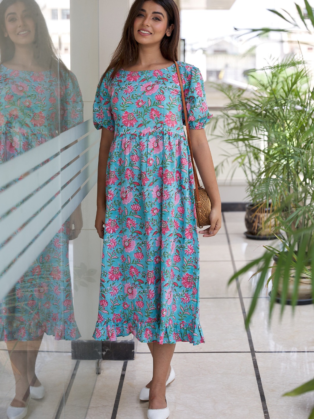 

NANGALIA RUCHIRA Women Blue & Pink Floral A-Line Midi Dress