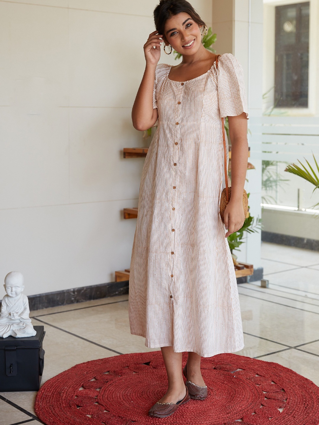 

NANGALIA RUCHIRA Women White & Brown Striped Cotton A-Line Midi Dress