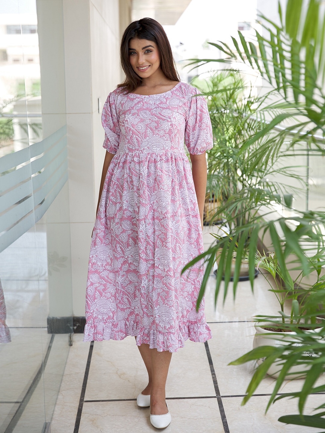 

NANGALIA RUCHIRA Pink & White Floral A-Line Dress