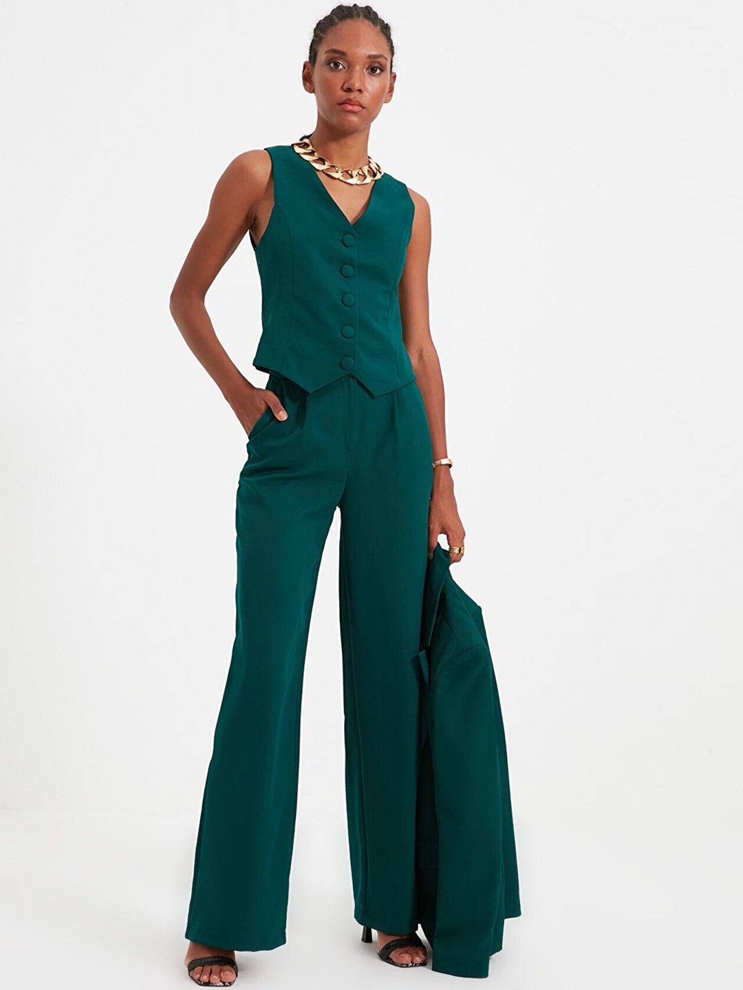 

Trendyol Women Green Regular Fit Pleated Bootcut Trousers