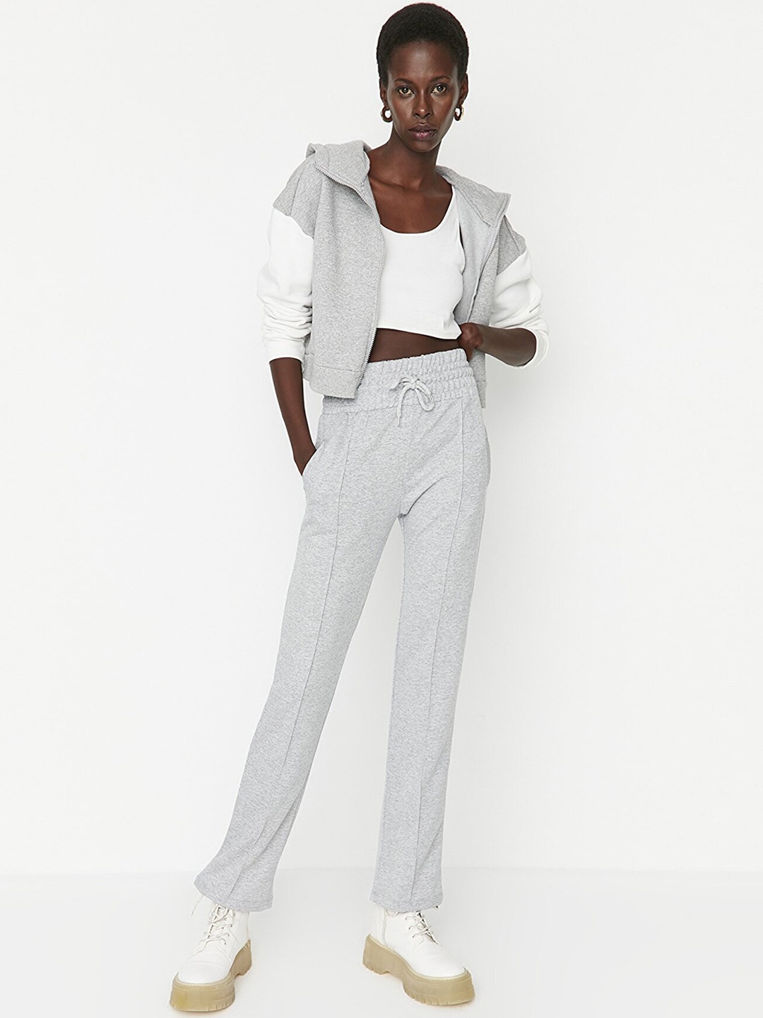 

Trendyol Women Grey Textured Trousers