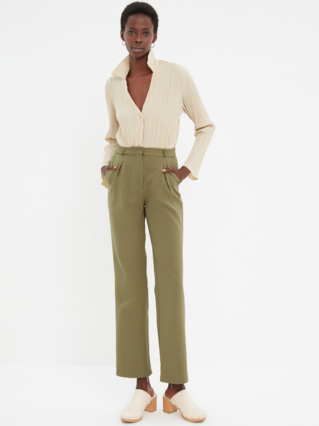 

Trendyol Women Green Pleated Chinos Trousers
