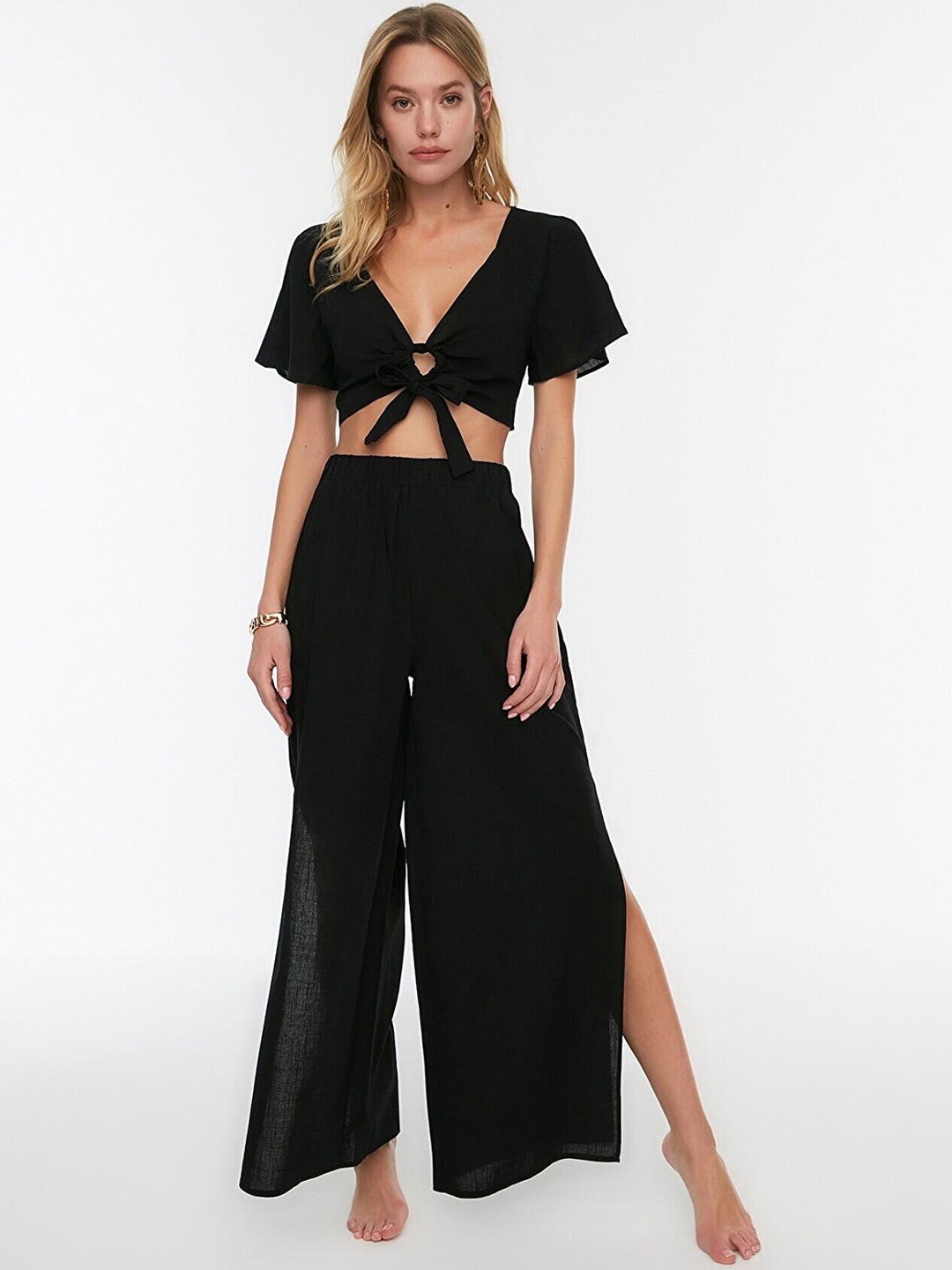 

Trendyol Women Black Slit Pure Cotton Trousers