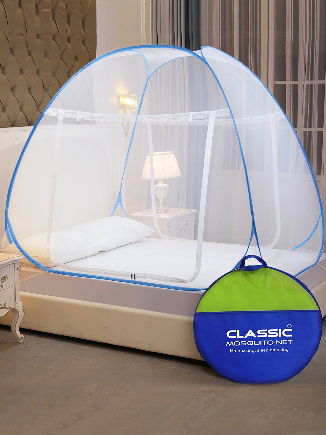 

Classic Mosquito Net Blue Solid Foldable King Size Net With Pockets