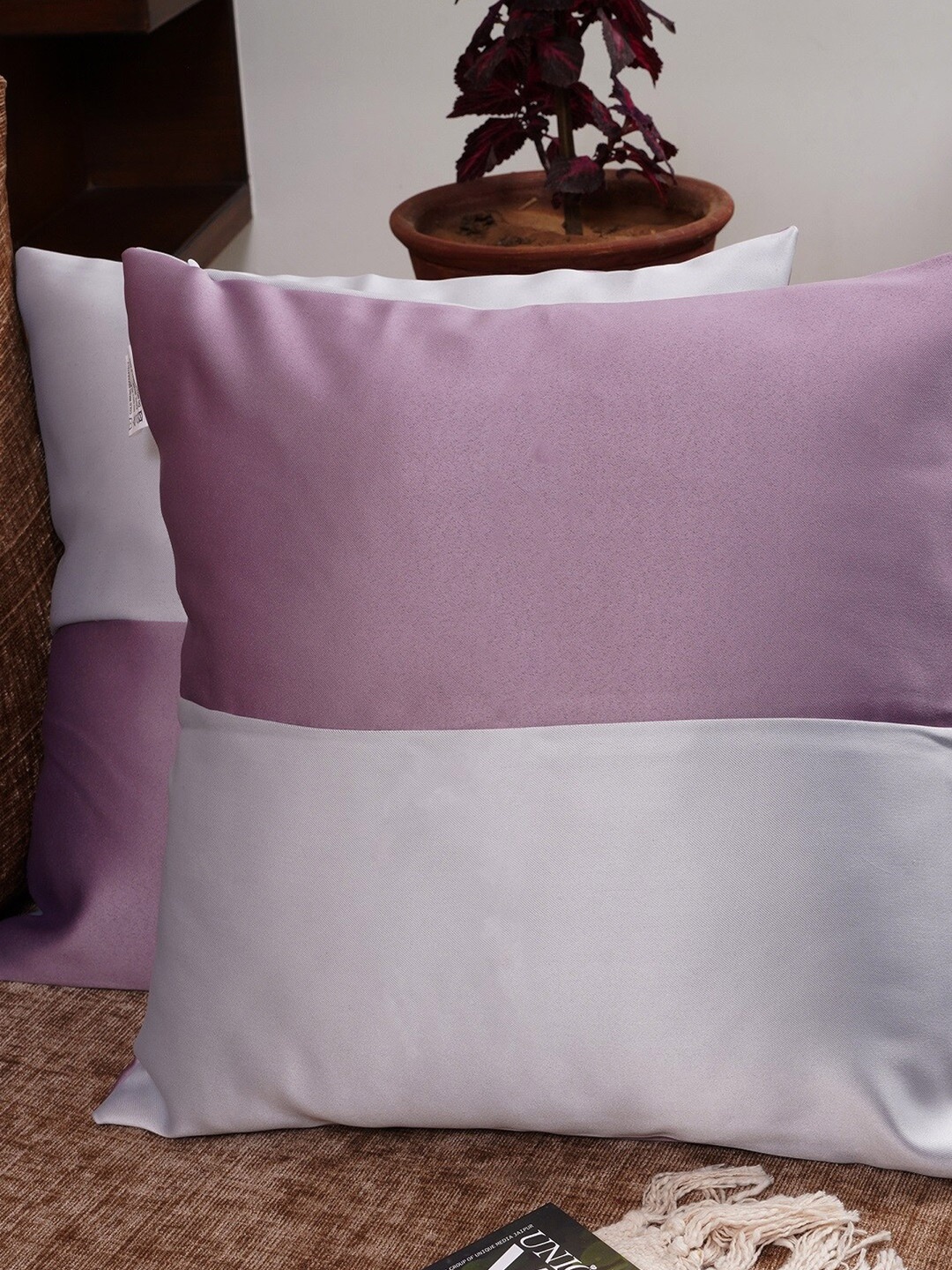 

HOMEMONDE Set of 2 Lavender & White Colourblocked Square Cushion Covers