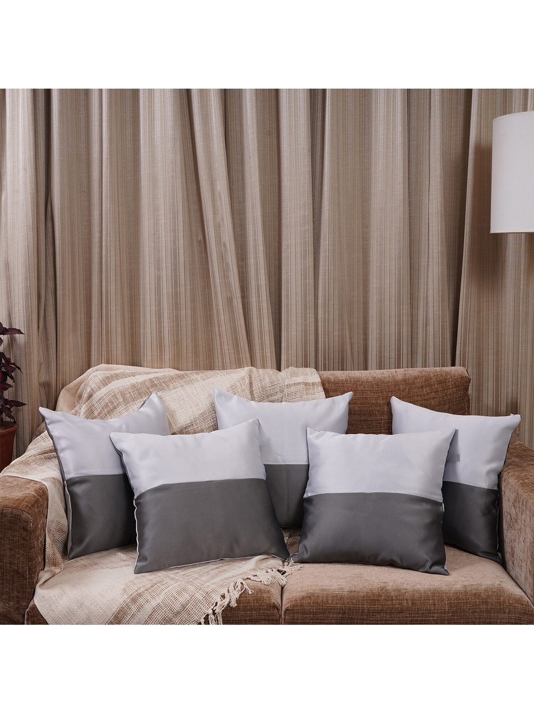 HOMEMONDE Grey & White Set of 5 Colourblocked Square Cushion Covers