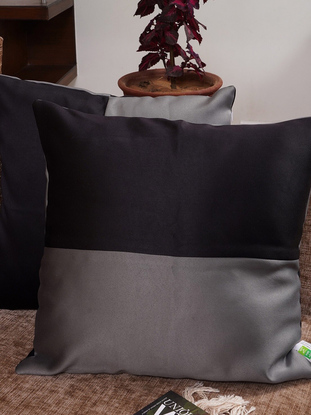 HOMEMONDE Black & Grey Set of 2 Colourblocked Square Cushion Covers