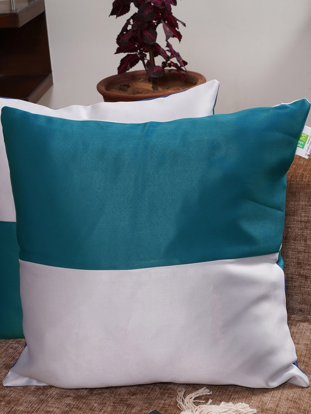 

HOMEMONDE Blue & White Set of 2 Colourblocked Square Cushion Covers