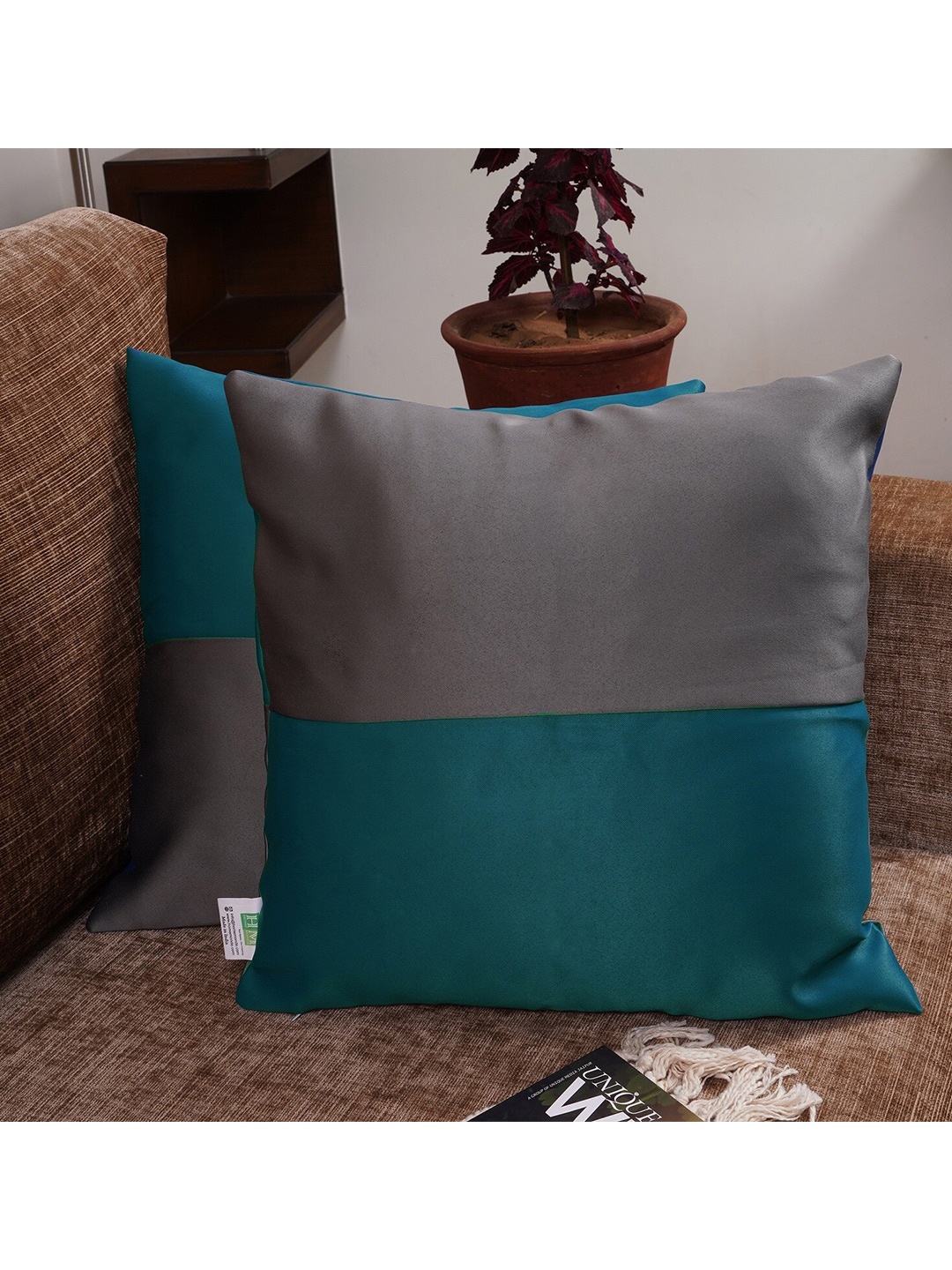

HOMEMONDE Grey & Blue Set of 2 Colourblocked Square Cushion Covers
