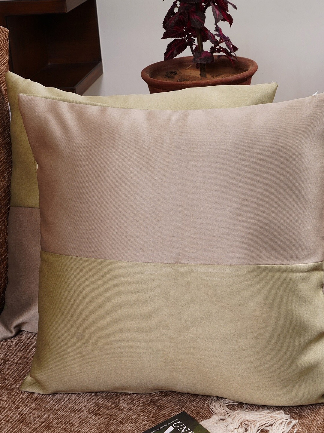HOMEMONDE Set of 2 Beige & Olive Green Colourblocked Square Cushion Covers