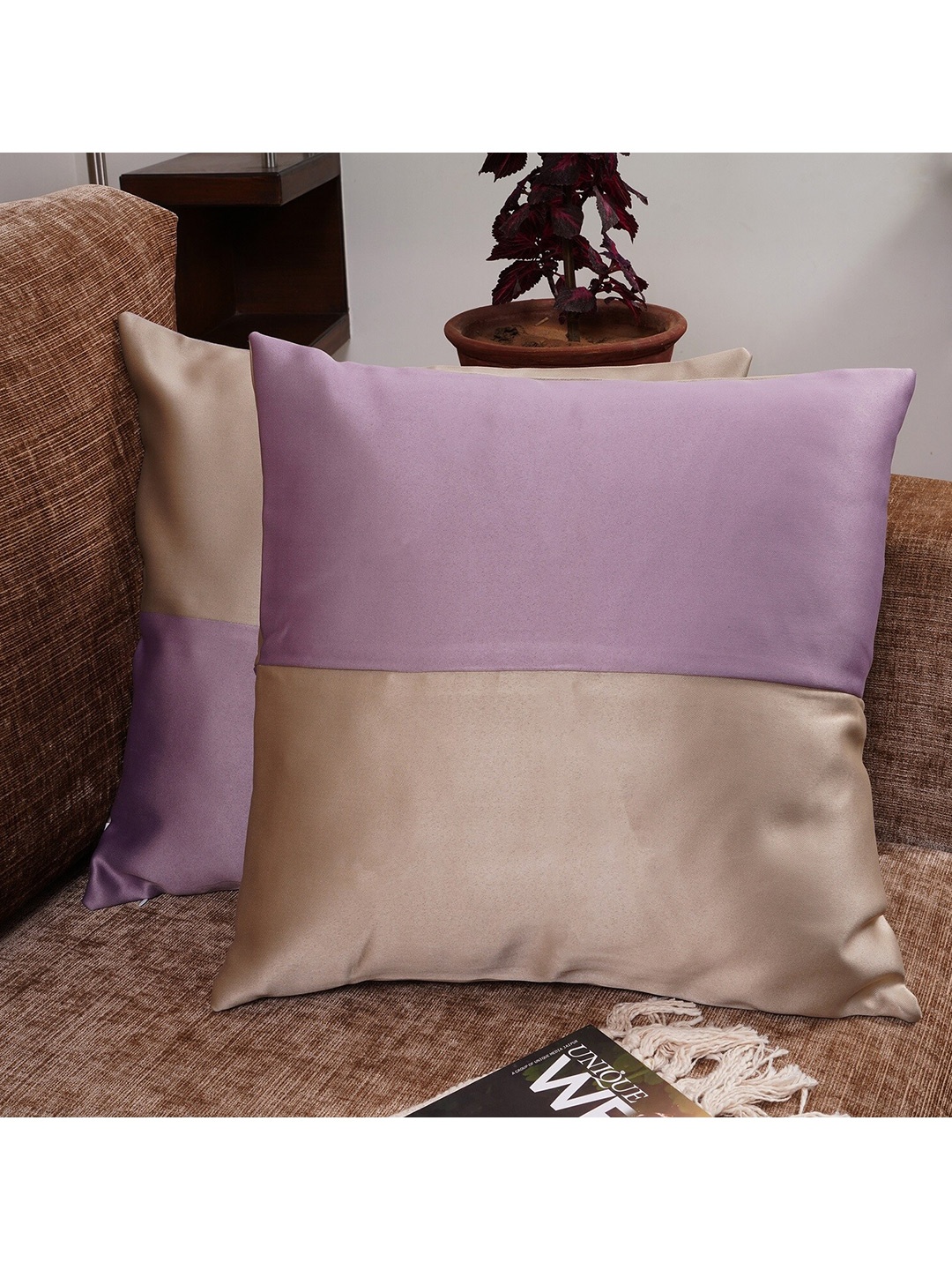 

HOMEMONDE Beige & Lavender Set of 2 Colourblocked Square Cushion Covers
