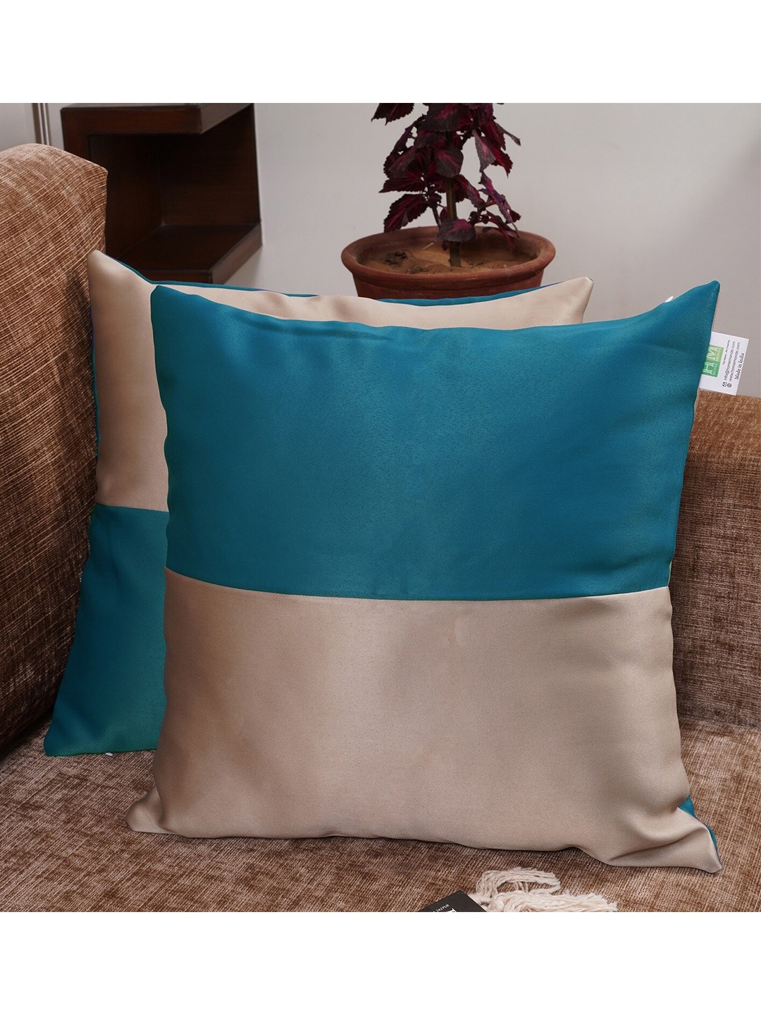 

HOMEMONDE Blue & Beige Set of 2 Colourblocked Square Cushion Covers