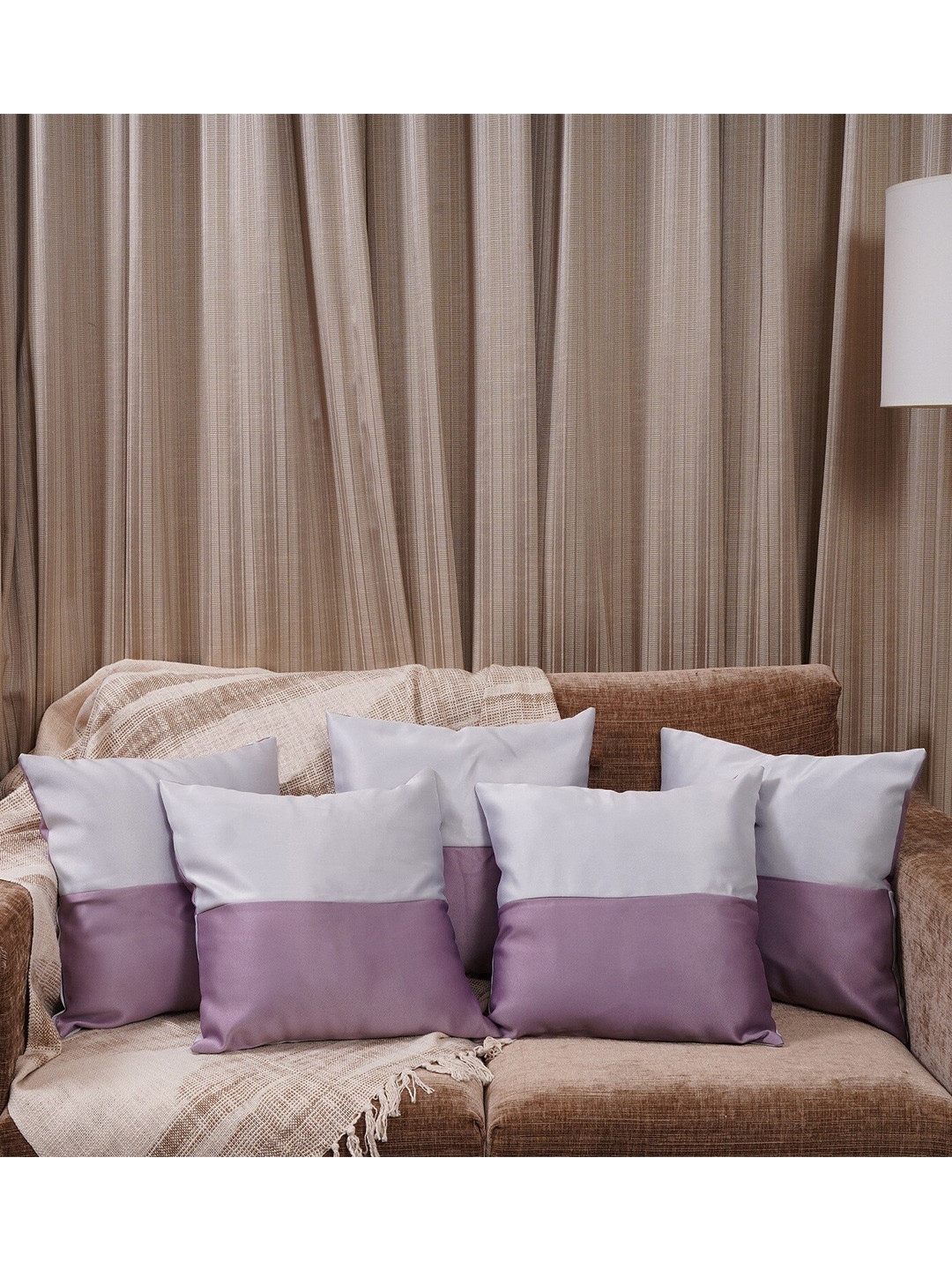 

HOMEMONDE Lavender & White Set of 5 Colourblocked Square Cushion Covers