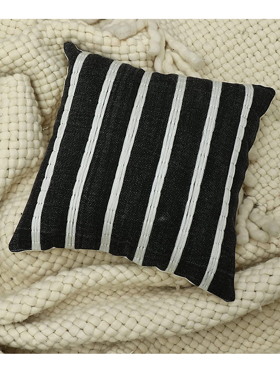 

HERE&NOW Black & White Cotton Square Cushion Cover, Blue