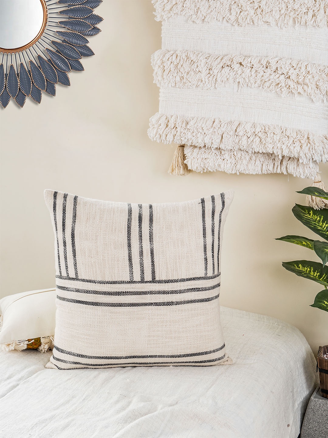 

HERE&NOW Beige & Black Geometric Square Cushion Cover