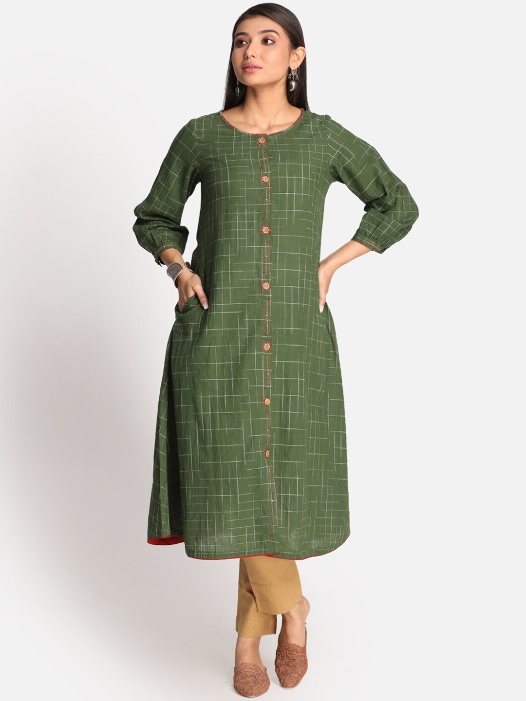 

Earthwear Women Olive Green Printed Thread Work A-Line Cotton Kurta