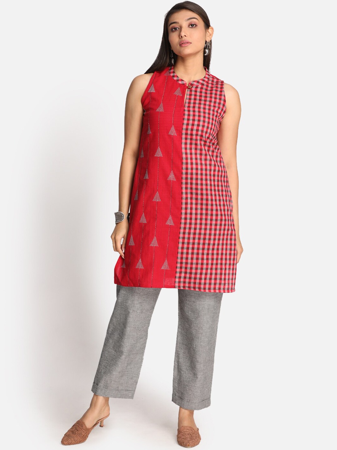 

Earthwear Red Embroidery Checked Short Kurti