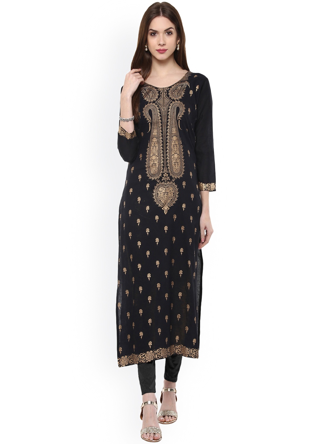 

Ahalyaa Women Black Woven Design Straight Cotton Kurta