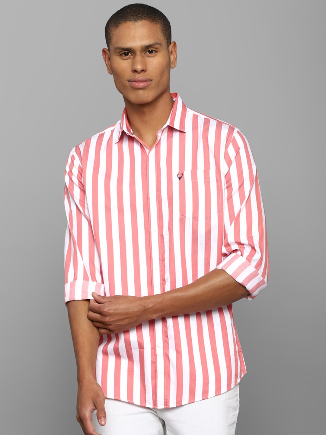 

Allen Solly Men Pink and White Slim Fit Striped Pure Cotton Casual Shirt