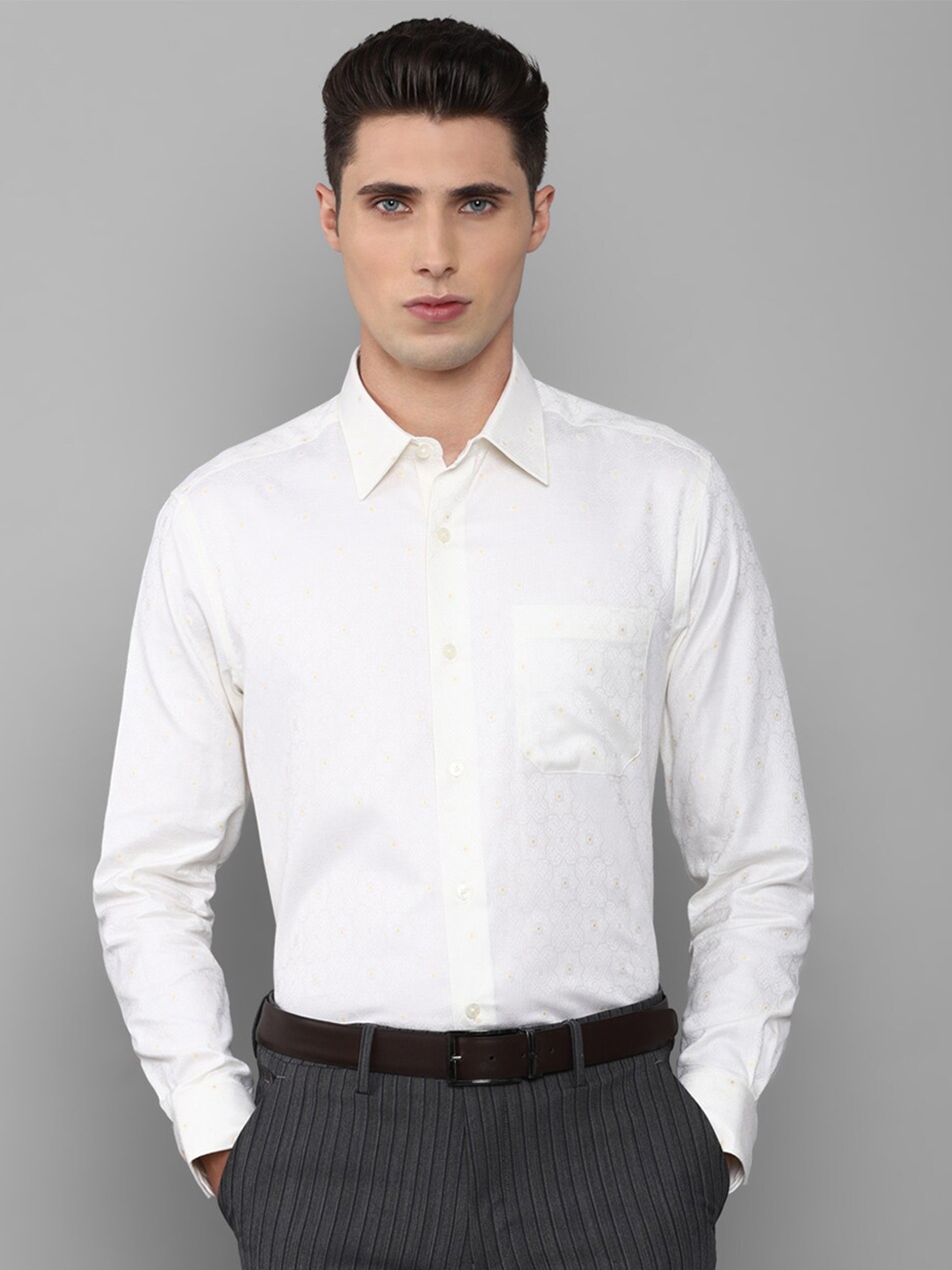 Louis Philippe Men White Slim Fit Printed Pure Cotton Formal Shirt