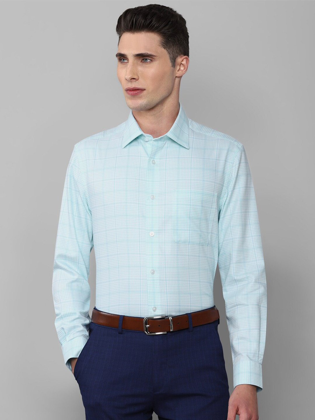 

Louis Philippe Men Turquoise Blue Slim Fit Checked Formal Shirt
